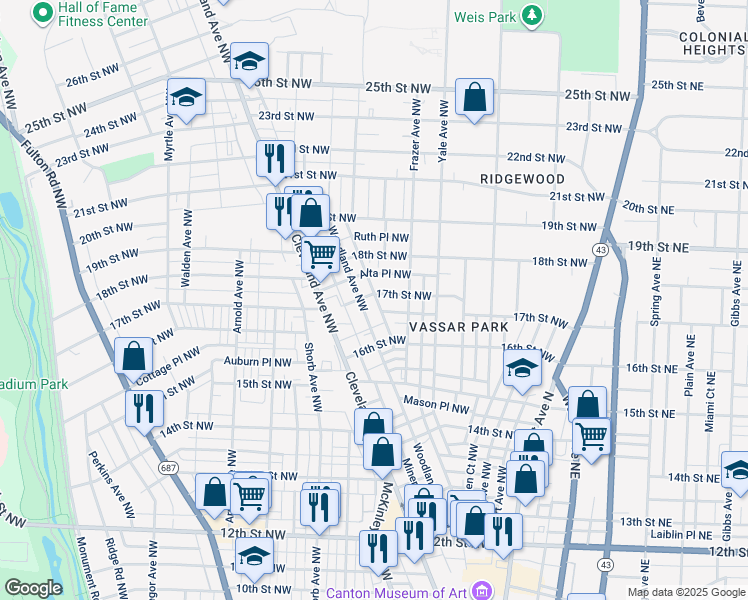 map of restaurants, bars, coffee shops, grocery stores, and more near 1622 Woodland Avenue Northwest in Canton