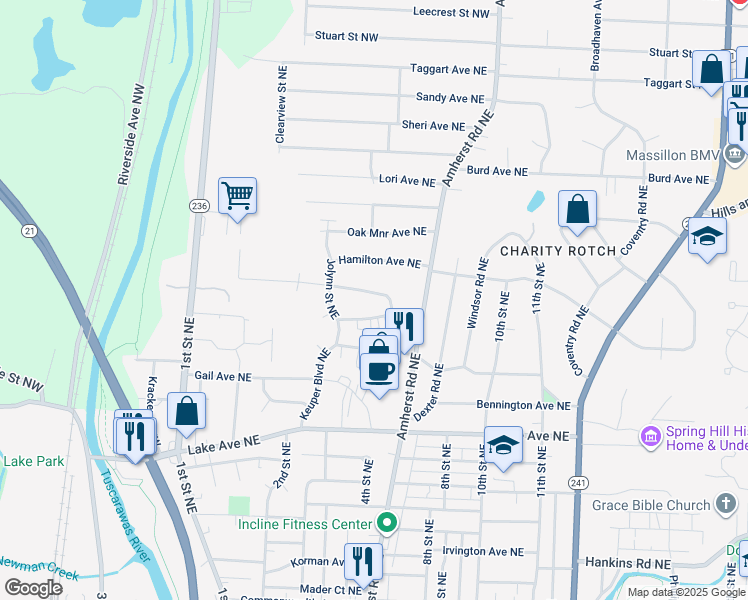 map of restaurants, bars, coffee shops, grocery stores, and more near 507 Amvale Avenue Northeast in Massillon