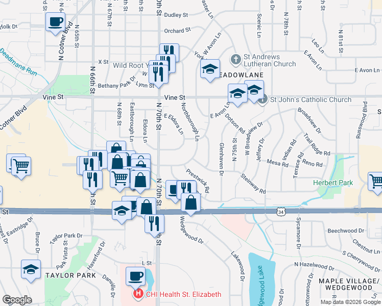map of restaurants, bars, coffee shops, grocery stores, and more near 7201 Eastborough Lane in Lincoln