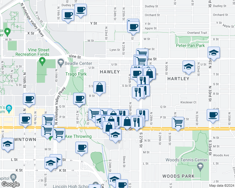 map of restaurants, bars, coffee shops, grocery stores, and more near 2445 R Street in Lincoln
