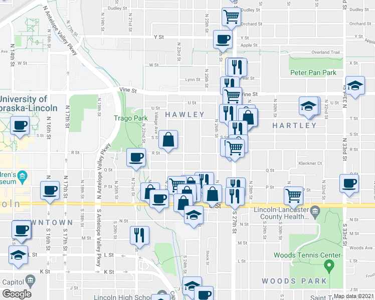 map of restaurants, bars, coffee shops, grocery stores, and more near 333 North 24th Street in Lincoln