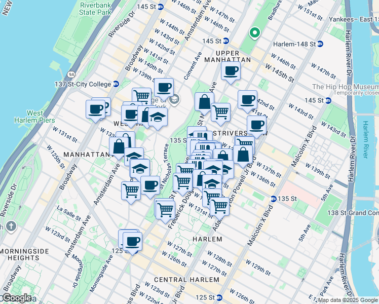 map of restaurants, bars, coffee shops, grocery stores, and more near Saint Nicholas Avenue & West 135th Street in New York