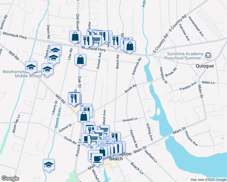 map of restaurants, bars, coffee shops, grocery stores, and more near 89 Beach Road in Westhampton Beach