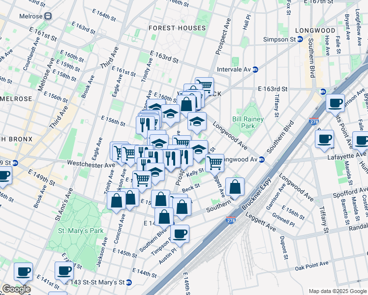 map of restaurants, bars, coffee shops, grocery stores, and more near 845 East 155th Street in Bronx