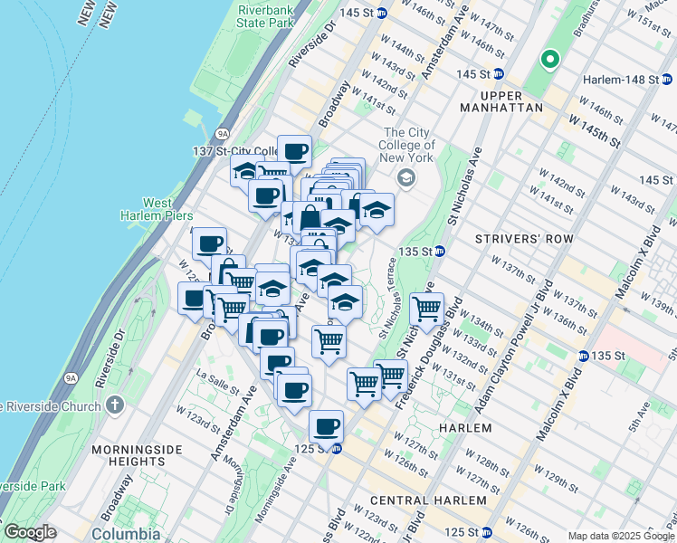 map of restaurants, bars, coffee shops, grocery stores, and more near 119 Convent Avenue in New York