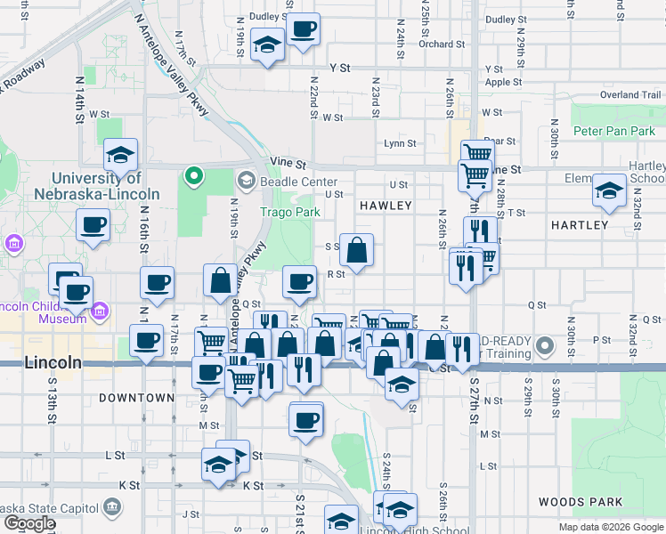 map of restaurants, bars, coffee shops, grocery stores, and more near 2222 R Street in Lincoln