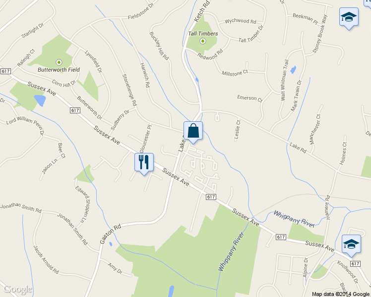 map of restaurants, bars, coffee shops, grocery stores, and more near 40 Wildflower Lane in Morristown