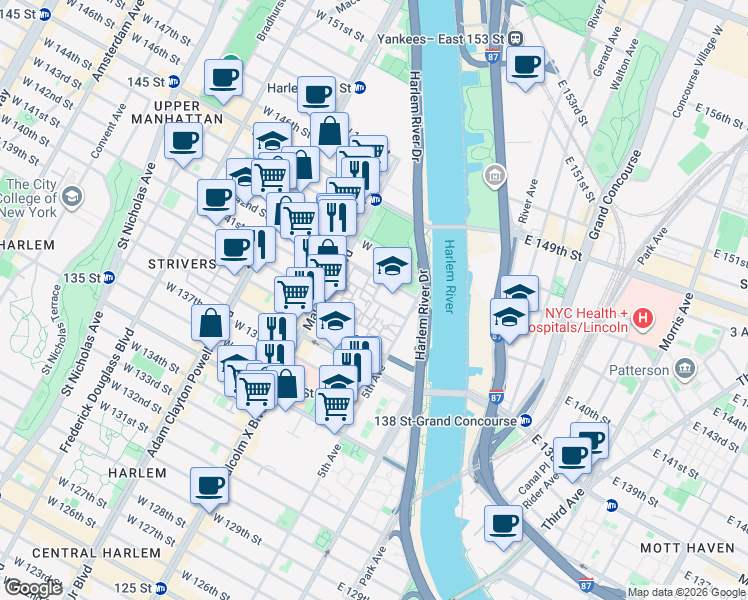 map of restaurants, bars, coffee shops, grocery stores, and more near 35 West 141st Street in New York