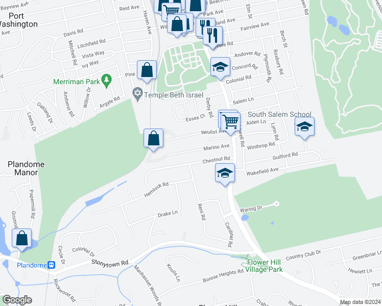 map of restaurants, bars, coffee shops, grocery stores, and more near 39 Marino Avenue in Port Washington