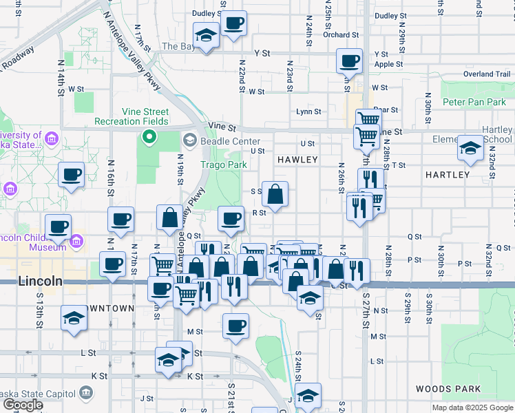 map of restaurants, bars, coffee shops, grocery stores, and more near 2222 R Street in Lincoln