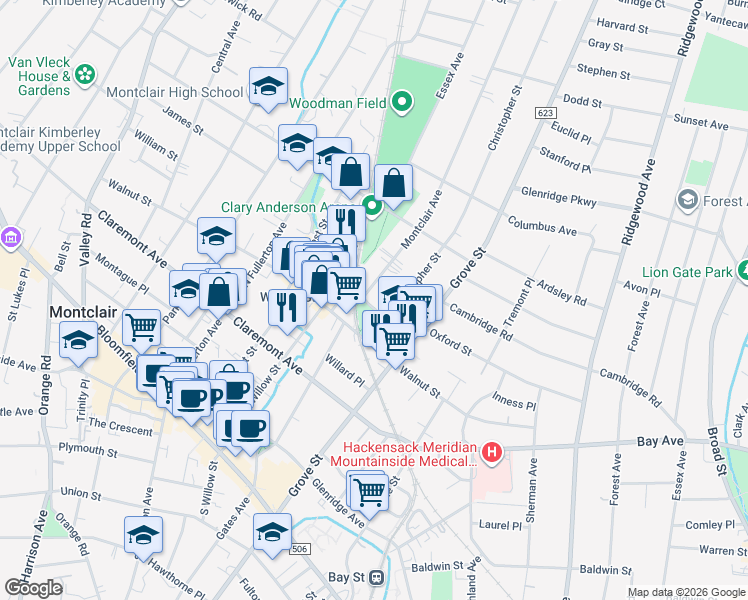 map of restaurants, bars, coffee shops, grocery stores, and more near 48 Label Street in Montclair