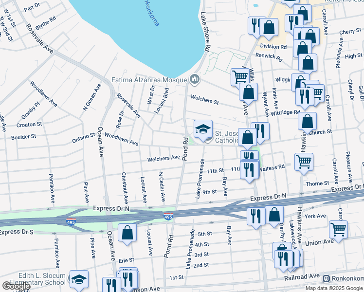 map of restaurants, bars, coffee shops, grocery stores, and more near 121 Weichers Avenue in Ronkonkoma