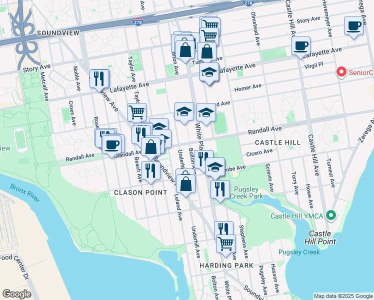 map of restaurants, bars, coffee shops, grocery stores, and more near 530 Underhill Avenue in Bronx