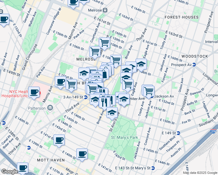 map of restaurants, bars, coffee shops, grocery stores, and more near 625 Brook Avenue in Bronx