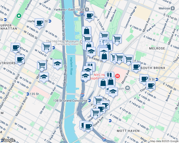 map of restaurants, bars, coffee shops, grocery stores, and more near 385 Gerard Avenue in The Bronx