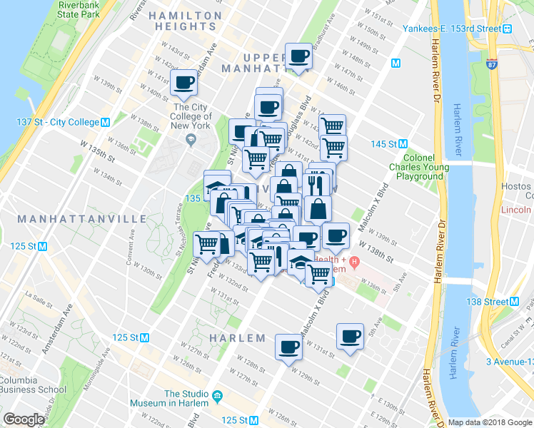 map of restaurants, bars, coffee shops, grocery stores, and more near 215 West 136th Street in New York