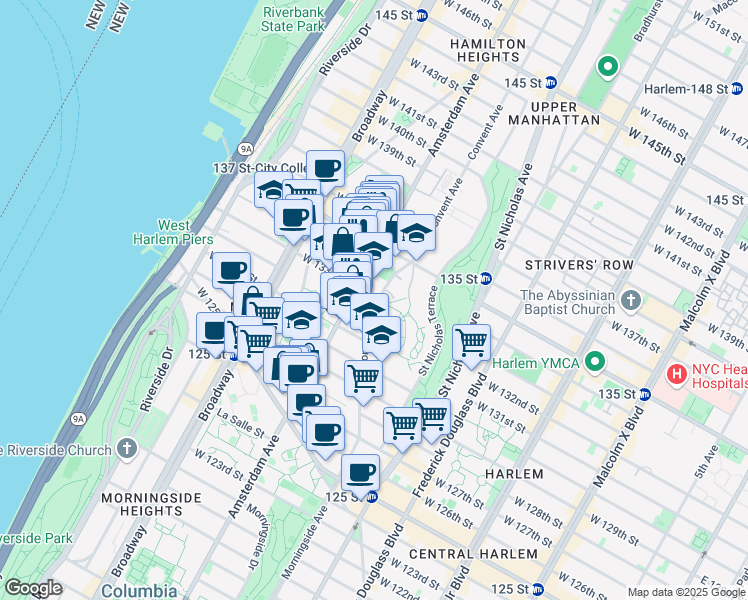 map of restaurants, bars, coffee shops, grocery stores, and more near 90 Convent Avenue in New York
