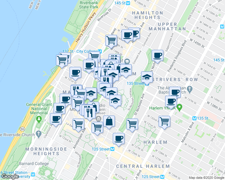 map of restaurants, bars, coffee shops, grocery stores, and more near 90 Convent Avenue in New York