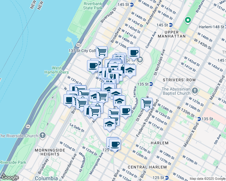 map of restaurants, bars, coffee shops, grocery stores, and more near 90 Convent Avenue in New York