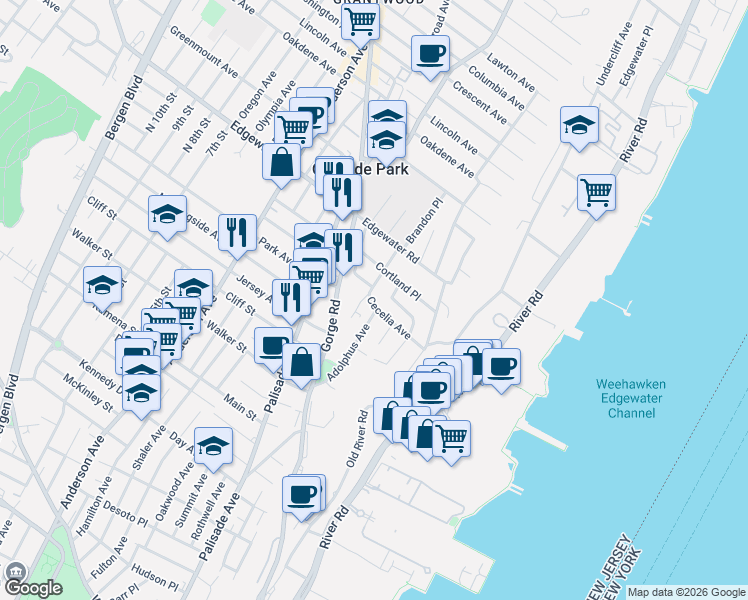 map of restaurants, bars, coffee shops, grocery stores, and more near 390 Adolphus Avenue in Cliffside Park