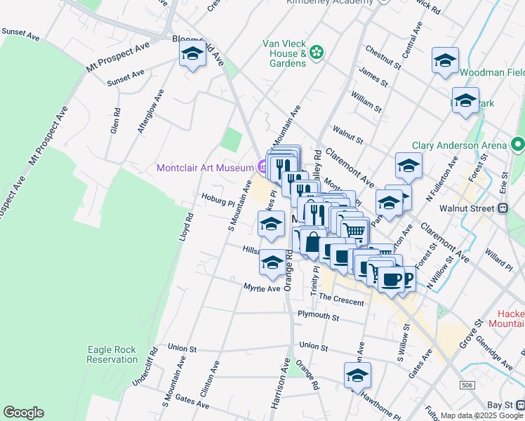 map of restaurants, bars, coffee shops, grocery stores, and more near 34 Saint Lukes Place in Montclair