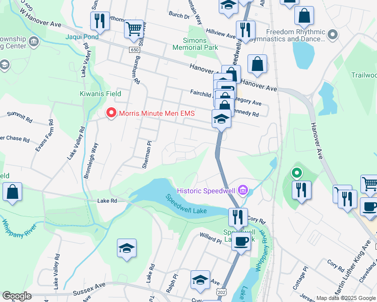 map of restaurants, bars, coffee shops, grocery stores, and more near 18 Max Drive in Morristown