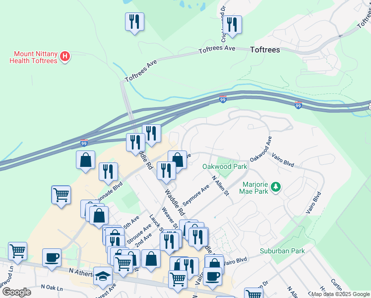map of restaurants, bars, coffee shops, grocery stores, and more near 118 Westminster Court in State College