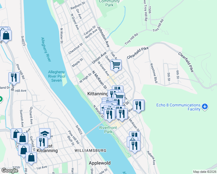 map of restaurants, bars, coffee shops, grocery stores, and more near 241 North McKean Street in Kittanning