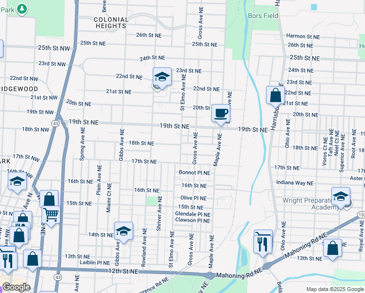 map of restaurants, bars, coffee shops, grocery stores, and more near 1710 Saint Elmo Avenue Northeast in Canton
