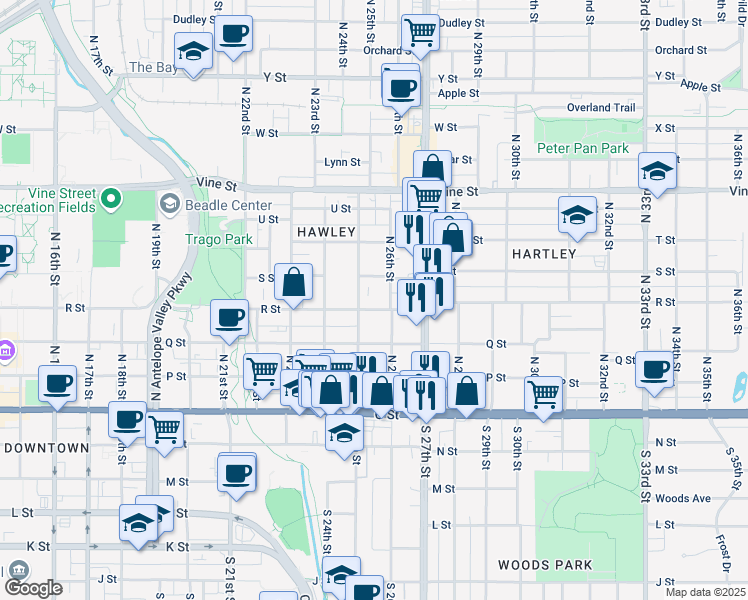 map of restaurants, bars, coffee shops, grocery stores, and more near 333 North 26th Street in Lincoln