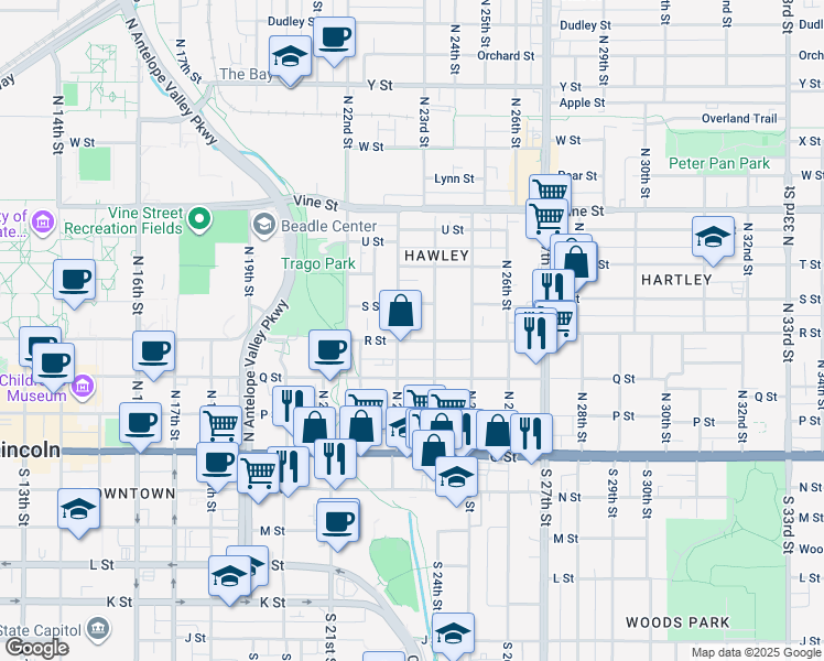 map of restaurants, bars, coffee shops, grocery stores, and more near 333 North 24th Street in Lincoln