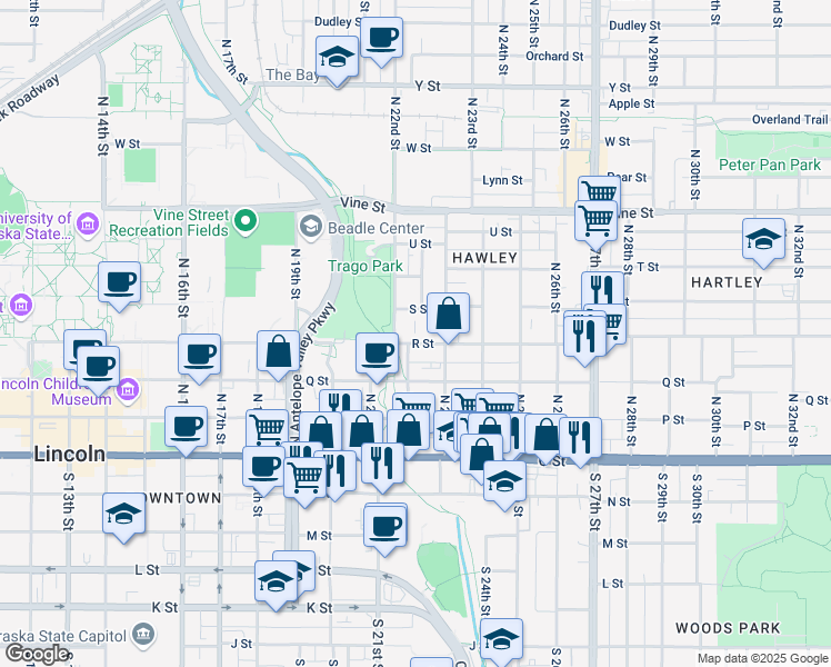 map of restaurants, bars, coffee shops, grocery stores, and more near 2227 R Street in Lincoln