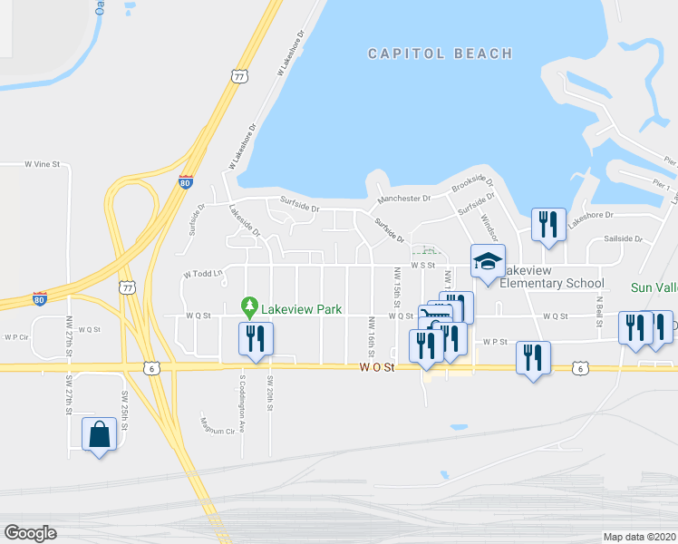 map of restaurants, bars, coffee shops, grocery stores, and more near 340 Northwest 17th Street in Lincoln
