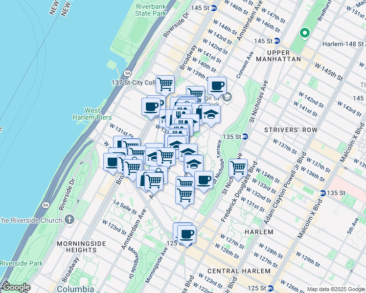 map of restaurants, bars, coffee shops, grocery stores, and more near 90 Convent Avenue in New York