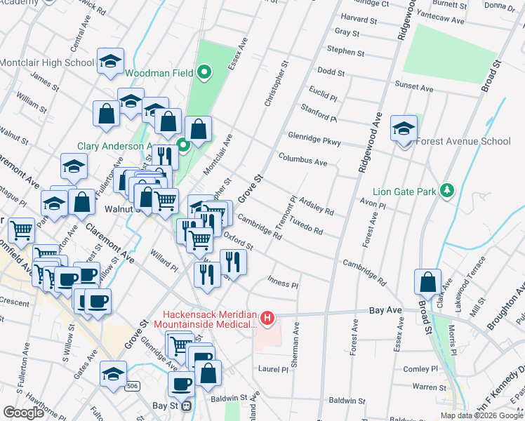 map of restaurants, bars, coffee shops, grocery stores, and more near 50 Cambridge Road in Montclair