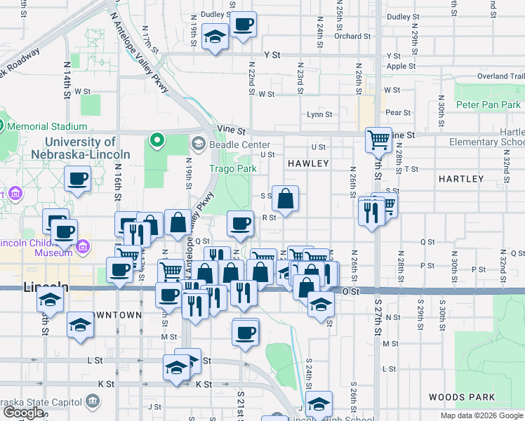 map of restaurants, bars, coffee shops, grocery stores, and more near 2137 R Street in Lincoln