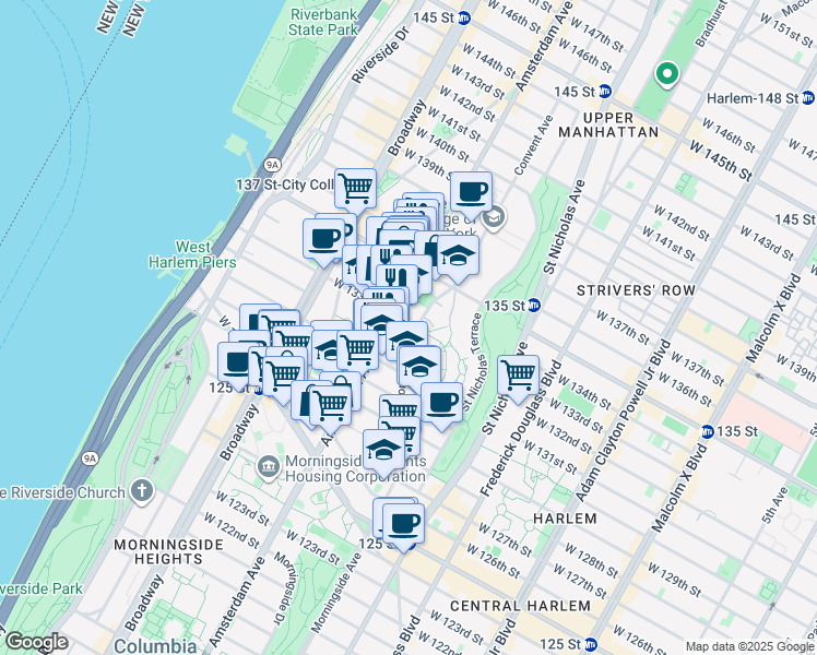 map of restaurants, bars, coffee shops, grocery stores, and more near 110 Convent Avenue in New York