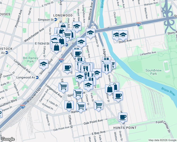 map of restaurants, bars, coffee shops, grocery stores, and more near 812 Faile Street in Bronx