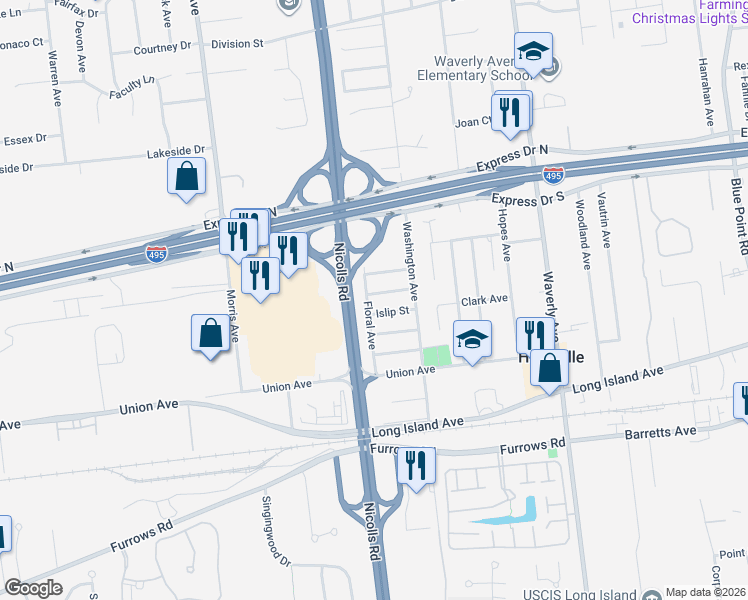 map of restaurants, bars, coffee shops, grocery stores, and more near 14 Mineola Street in Holtsville