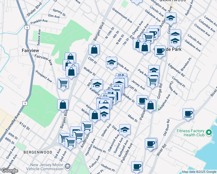 map of restaurants, bars, coffee shops, grocery stores, and more near 392 Walker Street in Fairview