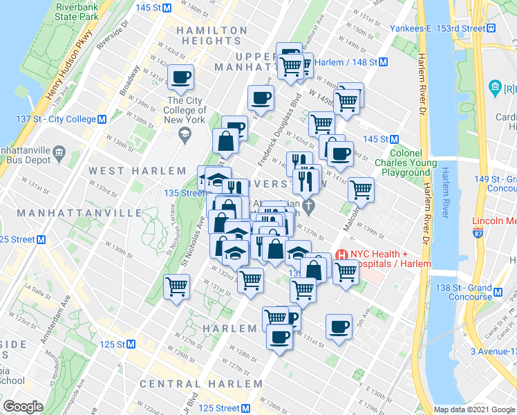 map of restaurants, bars, coffee shops, grocery stores, and more near 246 West 137th Street in New York