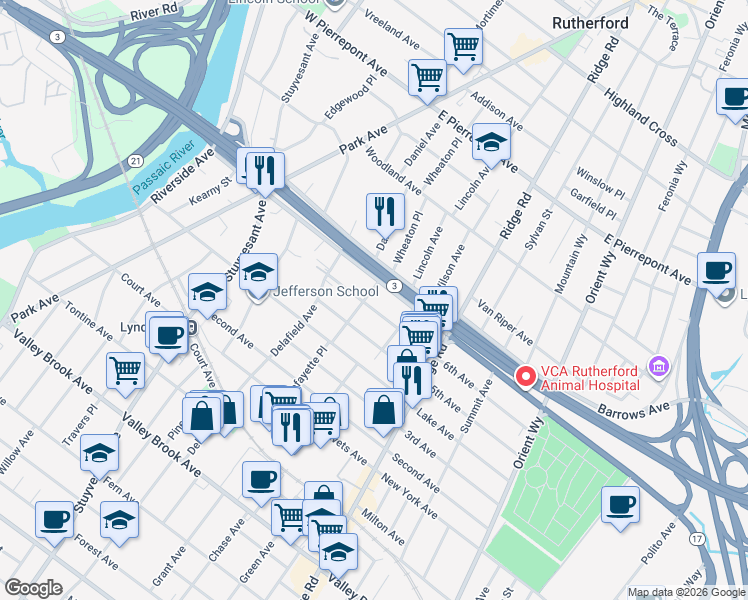 map of restaurants, bars, coffee shops, grocery stores, and more near 490 6th Avenue in Lyndhurst