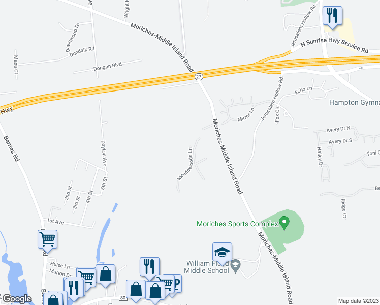 map of restaurants, bars, coffee shops, grocery stores, and more near 1 Meadowoods Lane in Moriches