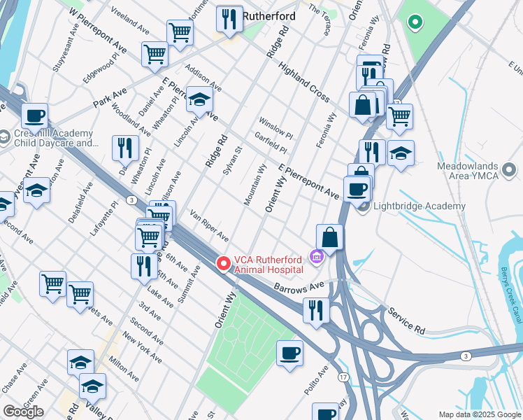 map of restaurants, bars, coffee shops, grocery stores, and more near 269 Mountain Way in Rutherford