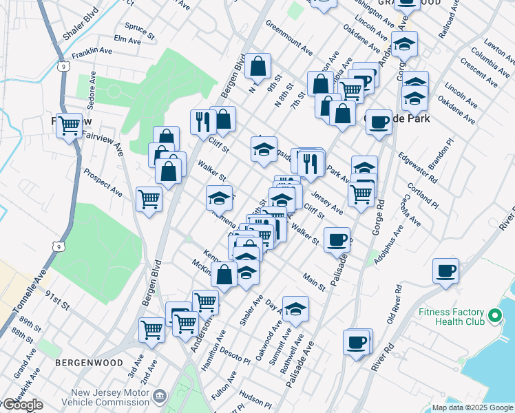 map of restaurants, bars, coffee shops, grocery stores, and more near 392 Walker Street in Fairview