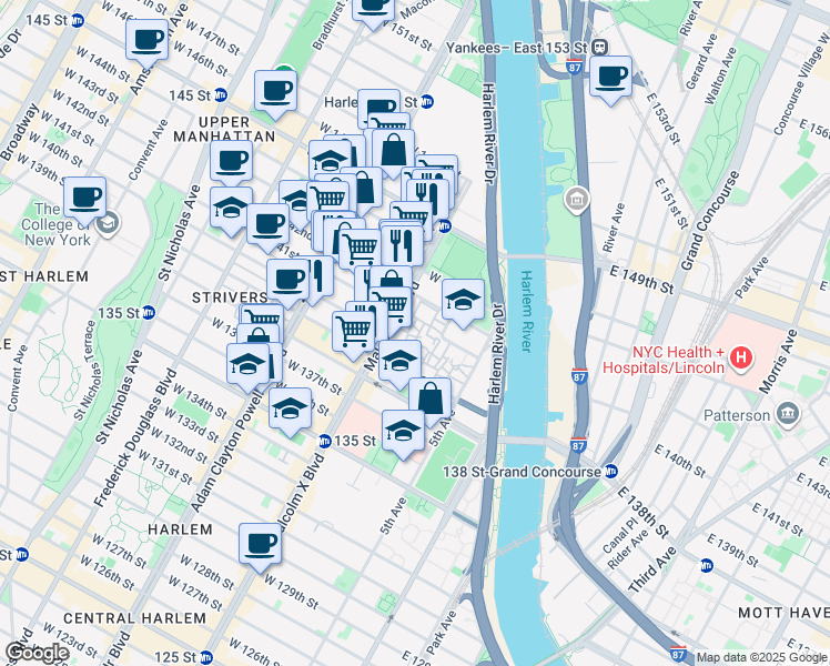 map of restaurants, bars, coffee shops, grocery stores, and more near 620 Malcolm X Boulevard in New York