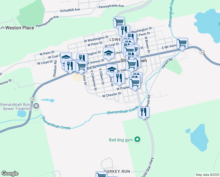 map of restaurants, bars, coffee shops, grocery stores, and more near 310 West Columbus Street in Shenandoah