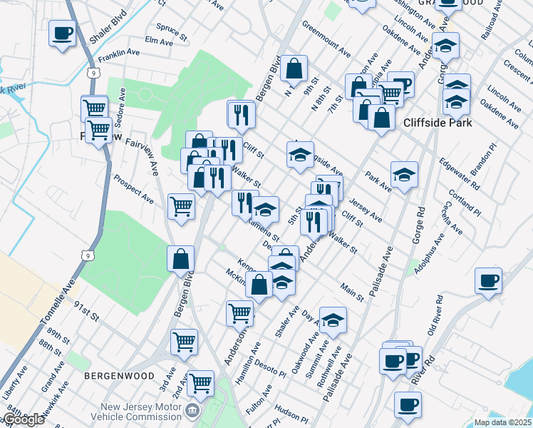 map of restaurants, bars, coffee shops, grocery stores, and more near 430 Walker Street in Fairview