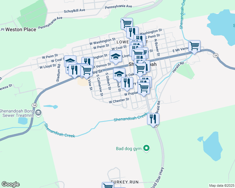 map of restaurants, bars, coffee shops, grocery stores, and more near 310 West Columbus Street in Shenandoah