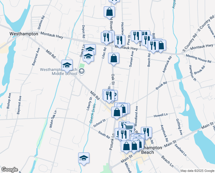 map of restaurants, bars, coffee shops, grocery stores, and more near 25 Maple Street in Westhampton Beach